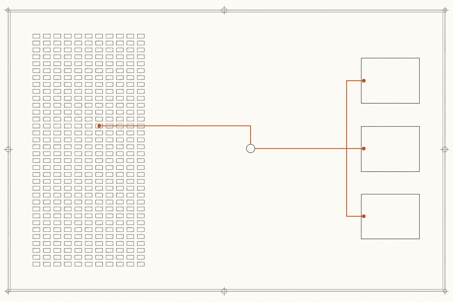 A wiring diagram: a dense grid of published contract notices on the left, one copper conductor routed through a single junction, terminating in three verdict boxes on the right.